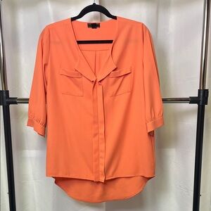 I.ner Women's Split-Neck Orange Blouse with Pocket Detail medium